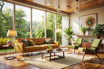 Fototapeta premium Serene Mid-Century Modern Living Room with Natural Light & Minimalist Decor