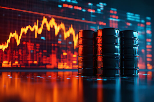 Oil Barrels with falling oil price graph in the blurred background. Oil stock market crises. Banner concept with copy space. International currency exchange rates and oil prices Increased energy usage