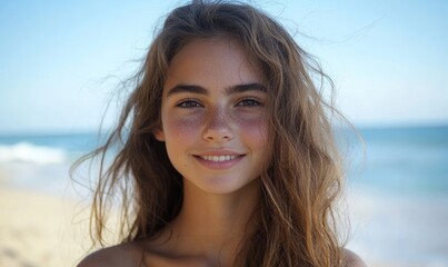 Portrait of a young woman at the beach enjoying free time and freedom outdoors, Generative AI