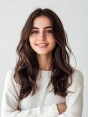 Naklejka premium Smiling young brunette woman with long wavy hair wearing a cozy white sweater, posed against a bright neutral background in a portrait style.