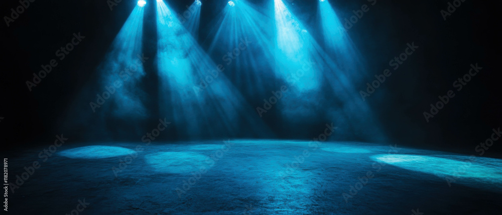 Poster dynamic blue spotlights illuminate a stage for an energetic performance