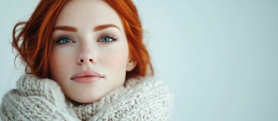 Red-haired woman in cozy warm attire with knitted scarf and natural makeup, set against a soft light background.