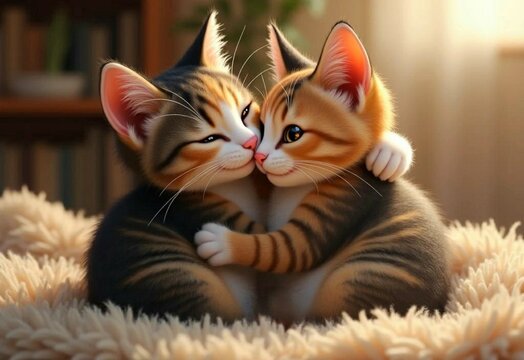 Two cute cats hugging on a blanket in a room - Powered by Adobe