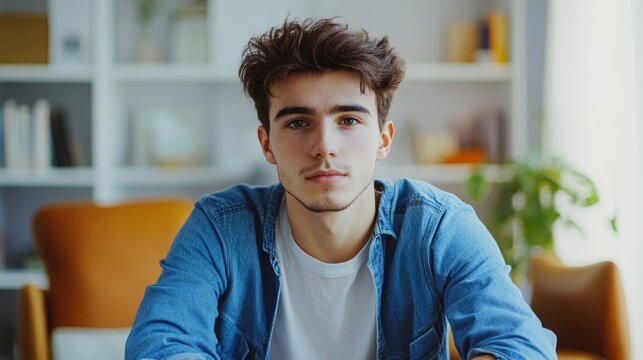 Young man with stylish haircut wearing denim shirt seated in bright modern home office with decorative bookshelves and indoor plants.