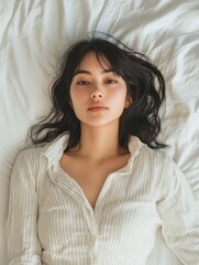 Candid portrait of serene young millennial woman with dark hair lying on white striped bedsheets in cozy morning light emphasizing work life balance and tranquility