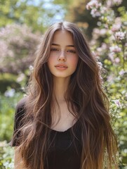 Naklejka premium Young woman with long brown hair in a blooming spring garden surrounded by pink flowers and lush greenery, capturing the essence of springtime beauty