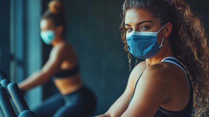 Fit young woman and personal fitness trainer exercising on stationary bikes in gym wearing blue protective face masks during COVID-19 pandemic in modern indoor setting.