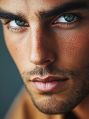 Obraz premium Closeup portrait of a handsome young man with striking blue eyes and olive skin, showcasing facial features and textures with ample space for text.