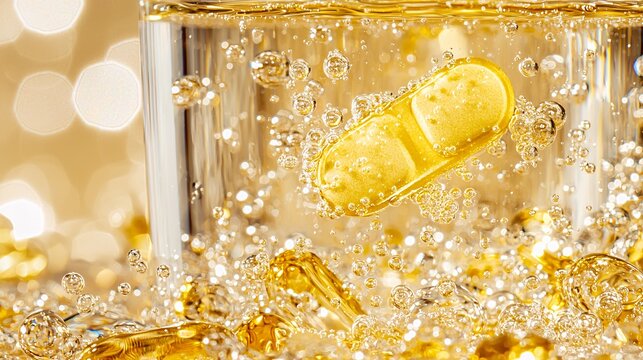close-up of a paracetamol tablet dissolving in a glass of water, creating bubbles, with a blurred background emphasizing the medicinal effect. Paracetamol 