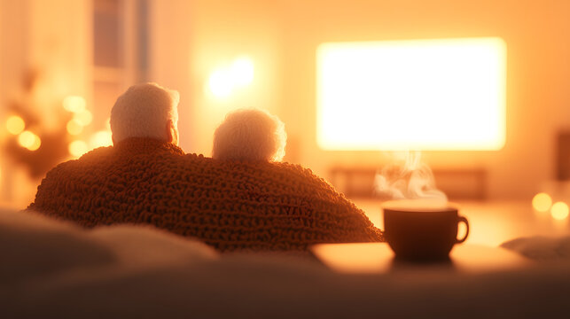 A cozy living room bathed in the soft glow of a television screen, where a senior couple snuggles under a thick, knitted blanket on a plush sofa. The room is warm and inviting, with soft cushions, a