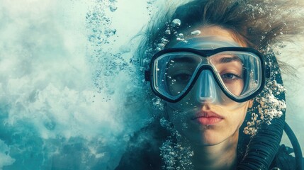 Naklejka premium Young Woman Scuba Diving in clear blue water with bubbles around her face featuring empty space for text in bright aquatic colors
