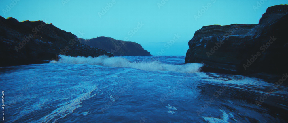 Poster powerful ocean waves crashing against the shore during twilight hours