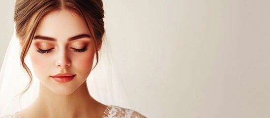 Elegant bride with closed eyes showcasing natural makeup and soft brown hair in a bright wedding setting with neutral background tones.