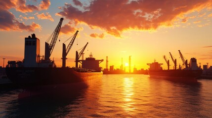 Obraz premium A stunning sunset casting golden hues over cargo ships in a busy port, highlighting the beauty of maritime transport.