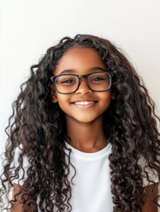 Obraz premium Cheerful young African girl with long curly hair wearing stylish glasses, smiling against a bright white background in natural lighting