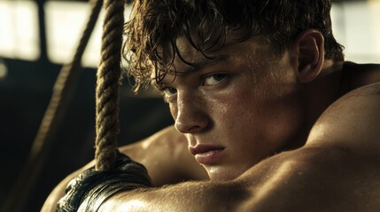 Close-Up Profile of Young Caucasian Male Boxer Leaning on Ropes in Dimly Lit Boxing Ring with Sweat on Muscular Arm and Intense Expression