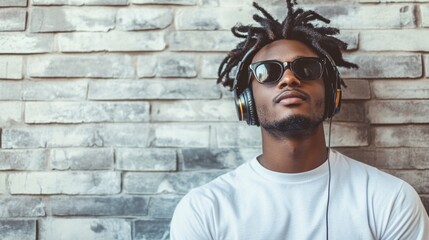 Young African American man with trendy hairstyle enjoying music on digital tablet, wearing sunglasses and headphones, sitting against textured stone wall indoors.