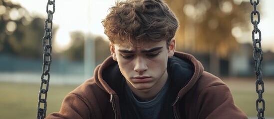 Melancholic teenage boy with tousled hair sitting on a swing in a schoolyard during autumn reflecting on childhood memories
