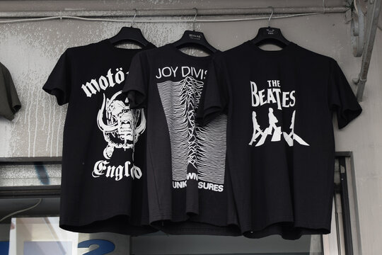 rock music t-shirts printed with band logos the beatles joy division and motorhead designs