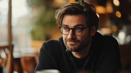 Professional businessman with glasses engaging in conversation during coffee break in a cozy cafe with warm lighting and soft-focus background.