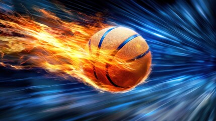 Dynamic basketball in motion, surrounded by flames and motion blur, perfect for sports enthusiasts and action-themed content.