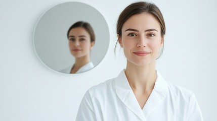 Obraz premium Confident Female General Practitioner in White Doctor's Smock Posing Against White Wall with Examination Mirror in Bright Clinical Environment