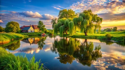 Serene Polish Willow Landscape: Picturesque Countryside Scenery