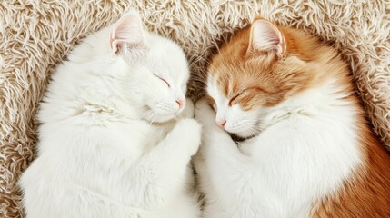 Obraz premium Two adorable cats cuddling peacefully, showcasing their soft fur and tranquility in a cozy setting.
