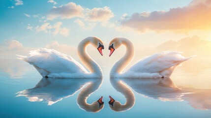 Two majestic swans gracefully mirror each other on a serene lake, surrounded by soft clouds and a pastel sunset.