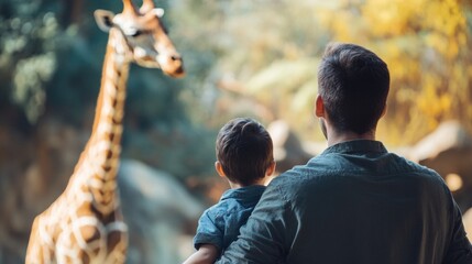 Father and young son admiring a giraffe at a zoo surrounded by lush greenery and warm sunlight creating a serene atmosphere.