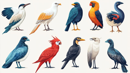 Naklejka premium Set of different kind of birds isolated on white background. Set of birds, isolated on white background
