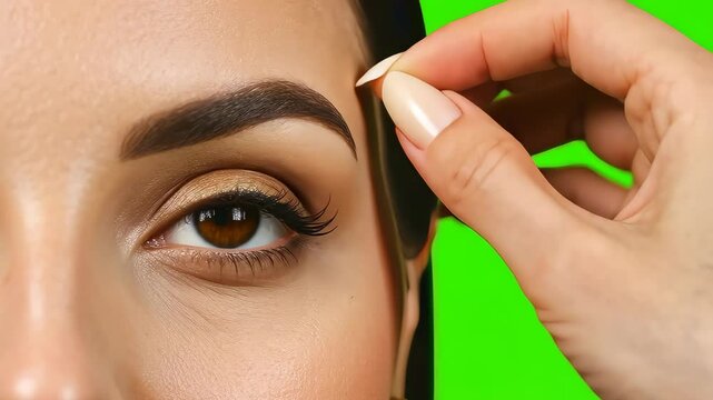 Precise Eyebrow Shaping: Close-up of a woman's eye and eyebrow being carefully shaped, against a vibrant green screen. Ideal for beauty, cosmetics, and makeup tutorials. 