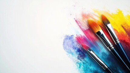Fototapeta premium Vibrant Paintbrushes on White Background with Colorful Brush Strokes in Blue, Orange, and Pink Tones Representing Artistic Imagination and Creativity