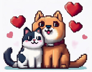 Pixel art dog and cat together in love