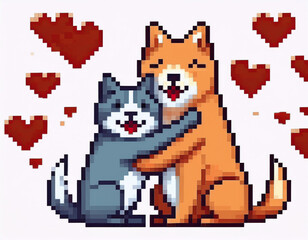 Fototapeta premium Pixel art dog and cat together in love