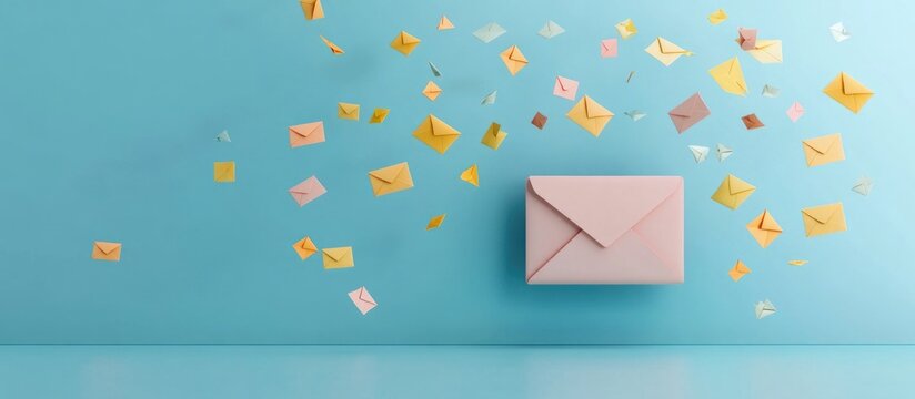 Creative Email Marketing Concept with Pink Envelope Against Aqua Background Surrounded by Colorful Floating Email Icons and Symbols