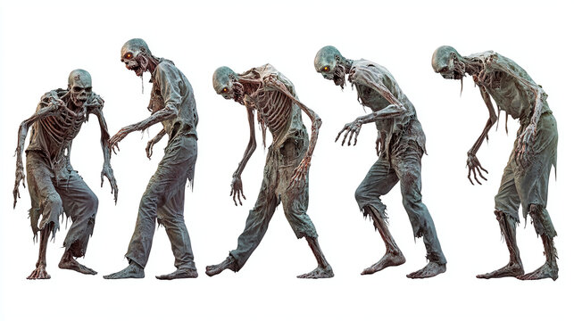 Zombie standing and walking actions isolated on white. Set of zombie man in various poses isolated on white, Halloween design banner.
