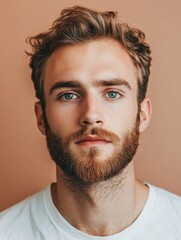 Obraz premium Young adult man with attractive features and beard, posing against a warm orange background in casual white t-shirt, showcasing soft facial expressions.