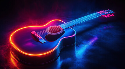 A guitar with neon glow effect on a dark background representing the concept like rock and night club party, musical banner concept with copy space for text, logo, ad
