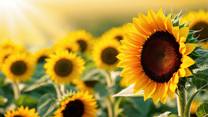 Obraz premium Sunflowers blooming in field under golden sunlight at sunset