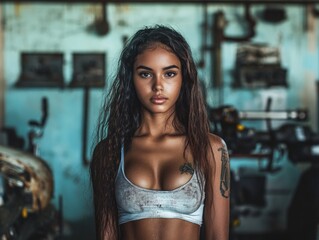 Fototapeta premium Young Brazilian woman in a dirty auto repair shop showcasing her beauty with tousled hair, wearing a fitted cropped top, amidst worn tools and machinery.