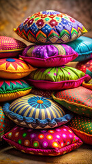 Pile of Multicolored Decorative Pillows, Bohemian Style