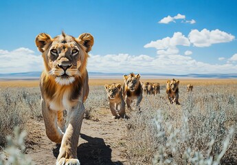Lions walking through the african savannah, steppe, desert, a pride of lions, sunny day, blue sky, white clouds, stock photography