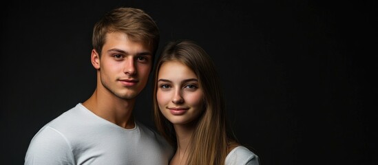 Obraz premium young couple embracing on black background with natural lighting soft focus warm tones portrait of man and woman wearing white shirts