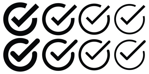 Check mark icon button set. Simple checkmark in a box set with different line width. Correct, approved symbol. Vector icons in flat style. Design eps 10