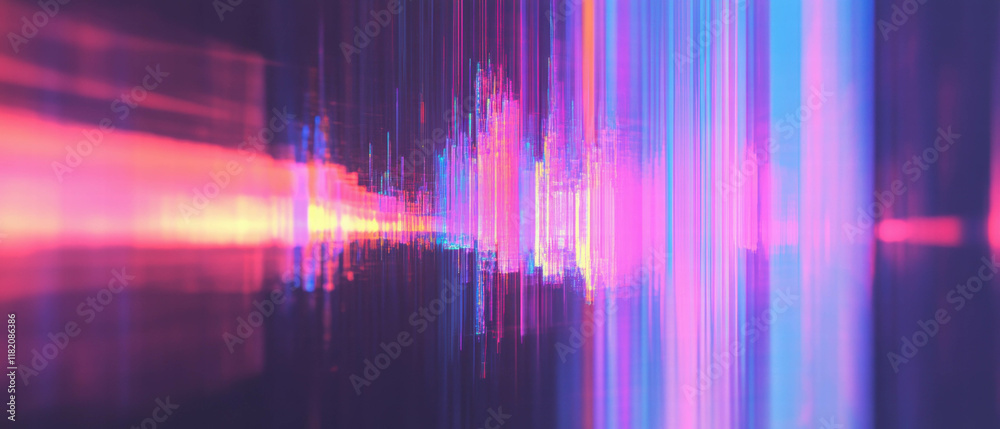 Poster purple glitch art featuring chromatic aberration with mystical and fragmented textures