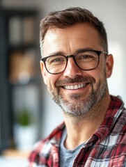 Obraz premium cheerful middle-aged man with eyeglasses wearing a plaid shirt smiling warmly in a cozy home interior with soft natural light