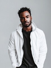 Fototapeta premium handsome African man wearing a white jacket against a soft gray background standing with a confident expression, captured in a mid-shot portrait orientation