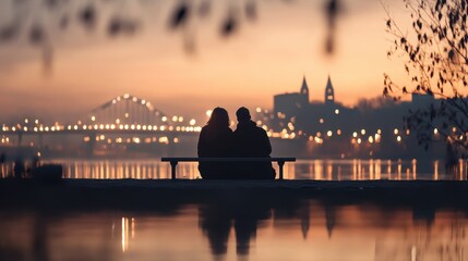 Romantic twilight cityscape couple on bench overlooking riverside bridge evening lights perfect for love-themed designs posters warm sunset tones create serene peaceful mood