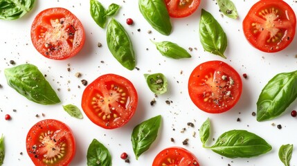 Glossy cherry tomatoes are beautifully sliced and arranged alongside fresh basil leaves, creating a colorful display. A sprinkle of spices enhances their natural flavor, inviting culinary creativity